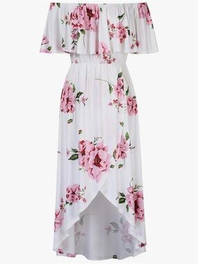 Amazon White Off-Shoulder High-Low Dress with Pink Floral Print